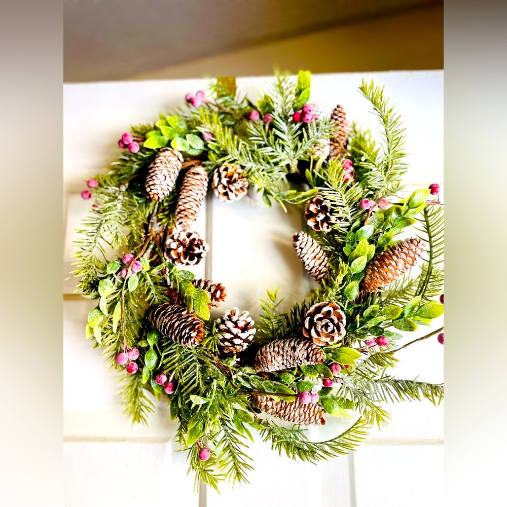 Frosty Cedar, Pinecone & Red Berry Wreath